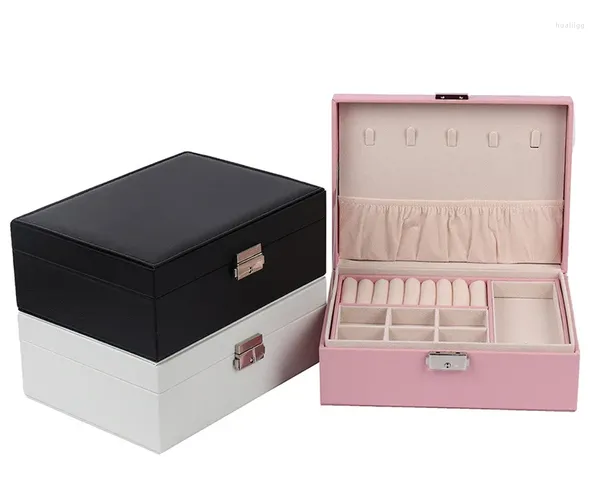 Boîtes de rangement simples deux couches boîte à bijoux en bois emballage noir grand avec serrure en bois pour bague/cadeau