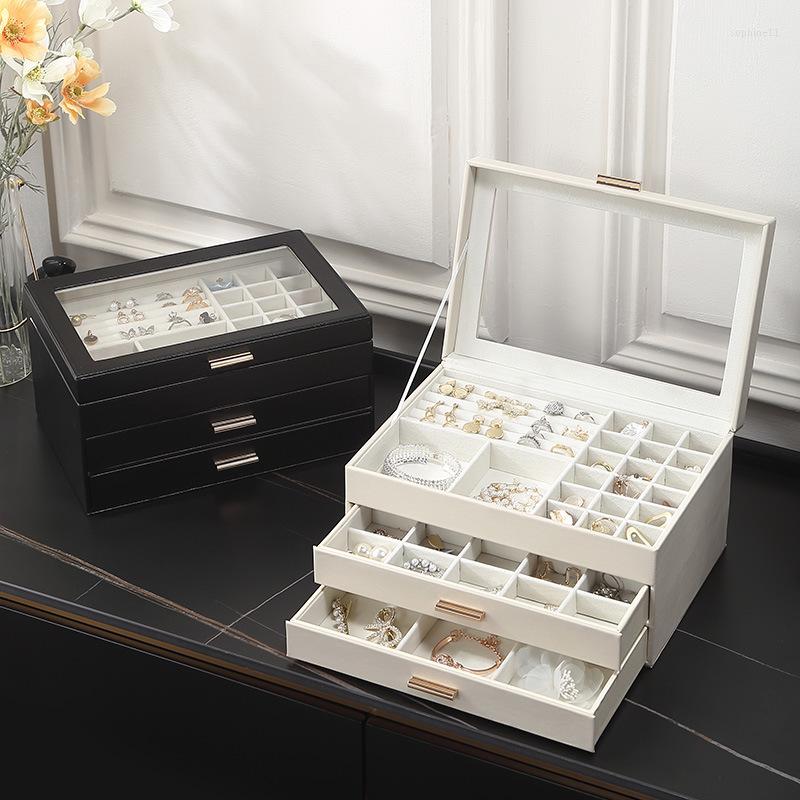 Caixas de armazenamento Tamanho S/M/L Organizador de joias Visor Estojo para joias de viagem Caixa portátil Porta brinco em PU