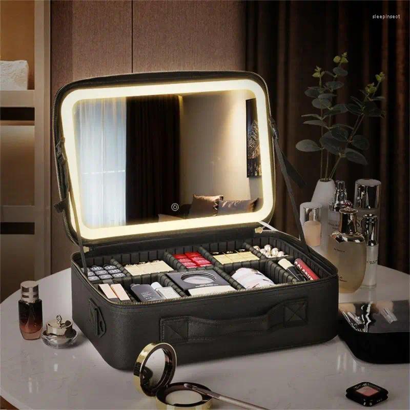 Cajas de almacenamiento Bolsa de maquillaje LED inteligente con luces de espejo Bolsas de viaje Gran capacidad Caso cosmético profesional Mujeres