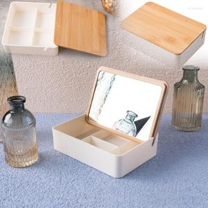 Opbergdozen vierkante cosmetische doos met houten deksel spiegel make -up case sieraden ringen kettingen oorbellen compartiment organisator container