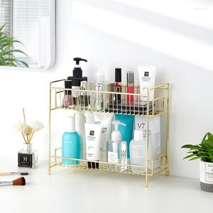 Opbergdozen Stalen Make -up Organisator Rack met dubbele lagen voor Cosmetica Badkamer Plank Women Sieraden Tafelaccessoires Container