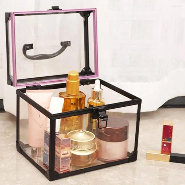 Cajas de almacenamiento Case de maquillaje acrílico transparente con capacidad de mango Organizador cosmético impermeable portátil para el hogar