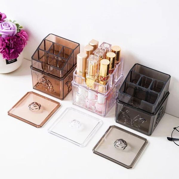 Boîtes de rangement Organisateur de maquillage transparent Boîte de tampons en coton en plastique Porte-rouge à lèvres tétragonal Bacs cosmétiques multifonctionnels
