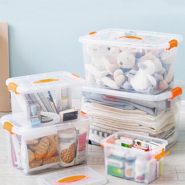 Boîtes de rangement Boîtiers en plastique transparent avec des poignées et couvrir la salle de bain de grande capacité.