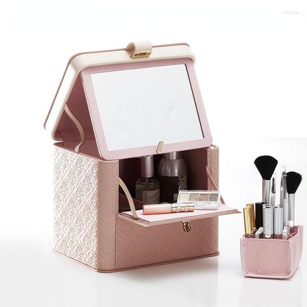 Boîtes de rangement Boîtes de maquillage de voyage Cadeau Portable Mirrormirror Porte-brosse à lèvres Conception de boîte Cosmétique Soins de la peau Cajas Articles ménagers