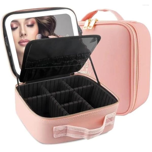 Cajas de almacenamiento Estuche de maquillaje de viaje con espejo iluminado grande Bolsa de cosméticos divisible Organizador profesional Impermeable Portátil Rosa