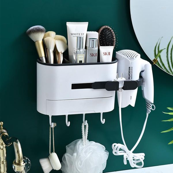 Cajas de almacenamiento para montaje en pared, soporte para secador de pelo, estante para baño, organizador de maquillaje, accesorios de estante para secador de pelo de plástico