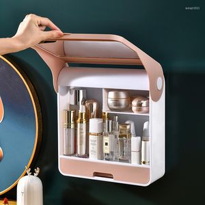 Boîtes de rangement Boîte à cosmétiques étanche Organisateur de maquillage sans poinçon Couvercle rabattable mural avec miroir salle de bain