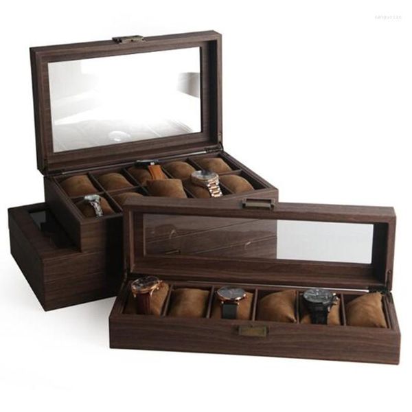 Cajas de almacenamiento Caja de reloj de cuero de grano de madera Joyas con botón oculto retro Cuarzo para hombres