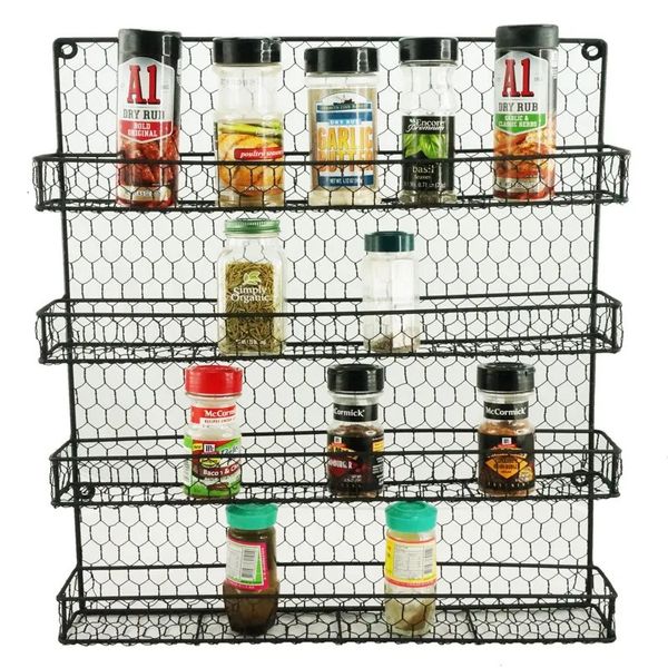 Supports de stockage Racks 4 niveaux en métal étagère à épices montage mural cuisine épices organisateur garde-manger armoire suspendue herbes assaisonnement pots placard porte Cupb 230809