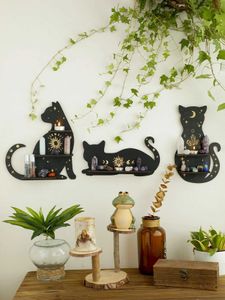 Supports de rangement Racks Cat noir étagère en bois phase de lune flotte Chakra Crystal Holder Stone Afficher le support mural décor de la maison sorcière H240516