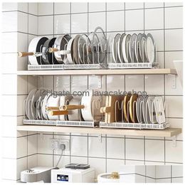 Supports de stockage Racks Organisateur de cuisine Fer Craft Télescopique Pot Couvercle Rack Plat de cuisson Pan ER Stand Accessoires de séchage Drop Deliv Dh1Jg