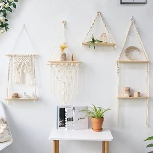 Supports de rangement étagères en macramé pour chambre à coucher plante Boho décor à la maison décoration de noël étagère murale en bois bougeoir étagères flottantes cadeau 231005