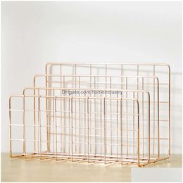 Supports de stockage Racks Rose Gold Book Stand Office Table Metal Spaper Shelf Rack Bookstore Magazine Organisateur Holder Whited Iron Boo Dhfac
