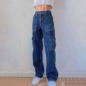 Jean bleu à jambe droite Patchwork Denim taille haute pour femme pantalon Cargo femme Long Baggy jean femme pantalon Vintage des années 90