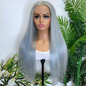 Pelucas de cabello humano liso 13X6 con encaje Frontal para mujer, peluca Frontal de encaje transparente brasileño gris plateado 13X4, pelo de bebé prearrancado