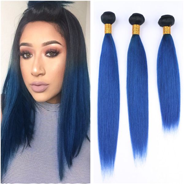 Straight 1B / Blue Ombre Brazilian Virgin Human Hair Wefts 3Pcs / Lot Black and Dark Blue Ombre Paquetes de cabello humano Ofertas Double Wefted