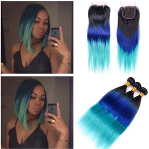 Recht # 1b / blauw / groenblauw Dark Root Three Tone Ombre Peruviaanse Virgin Menselijk Haar Weeft 3 Bundel Deals met Ombre 4x4 Kantsluitingstuk