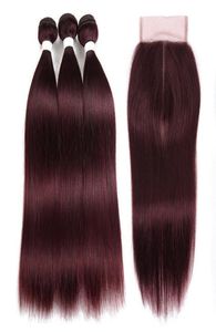 Bundles de cheveux humains de couleur rouge 99J RED 99J avec des cheveux vierges brésiliennes précorées avec une fermeture en dentelle 4x43422810