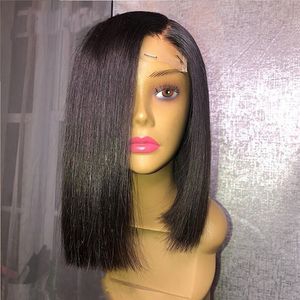 Perruque Bob Lace Front Wig sans colle noire, cheveux naturels courts et lisses, avec partie latérale, réaliste, usage quotidien, pour femmes