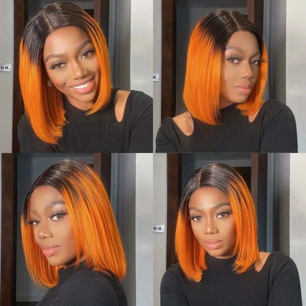 Perruque bob droite 4x4x1 t Partie en dentelle Closur Human Hair Wigs for Women Ombre Colored T1B-Orange Short Bob Lace Wigs pour les femmes