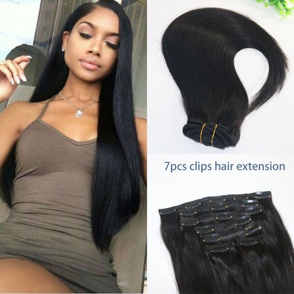 Clip de cheveux humains brésiliens droits dans l'extension de cheveux 1B couleur naturelle cheveux vierges humains afro-américains 7 pièces 120 grammes