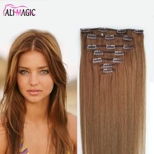 Rechte Clip in Human Hair Extensions Natuurlijke Kleur Remy Haar Clip-Ins Volledige Hoofd 7pcs / Set 100Gram gratis verzending door Alimagic Hair