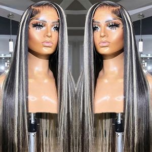 Peluca de cabello humano con frente de encaje de color liso, peluca con reflejos gris plateado y negro, pelucas frontales de encaje sintético para mujer