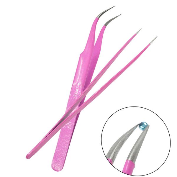 Pince à épiler à sourcils droits + incurvés outils d'art d'ongle pince rose pour Picker décorations en strass outils d'autocollant e311/FB-T