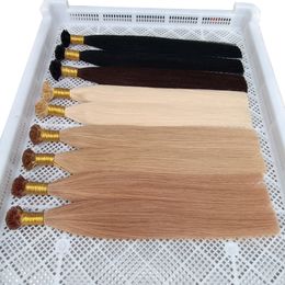 Extensiones de cabello de punta plana recta Cápsulas de queratina Extensiones de fusión natural Remy humano real 100 hebras 14 16 18 20 22 24 26 Color negro marrón rubio