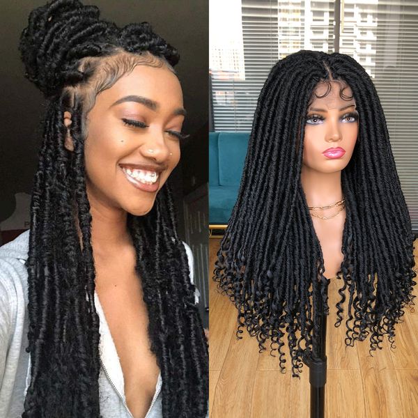 Droite Déesse Locs Full Lace Perruques pour les Femmes Noires 26 Déesse Faux Locs Crochet Cheveux Synthétique Naturel Ondulé Tresses Perruque Blac