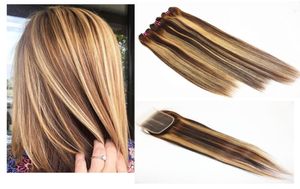 Poules de cheveux raides avec 4x4 Clôture Mélange Couleur brésilienne 100 Vierge Human Remy Extensions de cheveux Couleur 1B27 828 pouces7492288