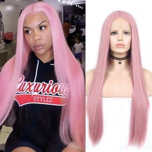 Perruque Lace Front Wig synthétique lisse rose avec naissance des cheveux naturelle, perruque en Fiber de haute température pour femmes