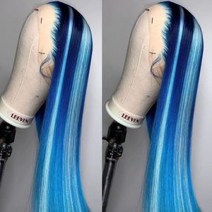 Straight Highlight Blue Lace Frontal Pruiken Menselijk Haar Pruik Voor Vrouwen Braziliaanse Lijmloze Full Lace Front Pruik Synthetisch Hittebestendig