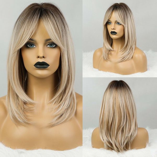 Straight Highlight Perruque Synthétique Frange Ombre Brun Blonde Fête Quotidienne Femmes Cheveux