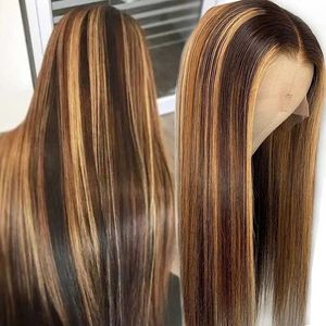 Rechte hoogte Wig Lace Part Human Hair Ombre Bruine honing Blonde Braziliaanse Remy Korte lange pruiken voor vrouwen voorgeplukt naadloos