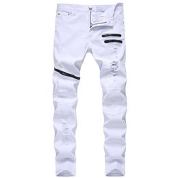 Recht gat vernietiging broek verontruste jeans mannen denim broek mannen jeans modeontwerper merk witte jean mannelijke X06212629