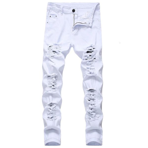 Pantalon de destruction de trou droit Jeans en détresse hommes Denim créateur de mode marque pantalon blanc mâle grande taille 40 42 240311