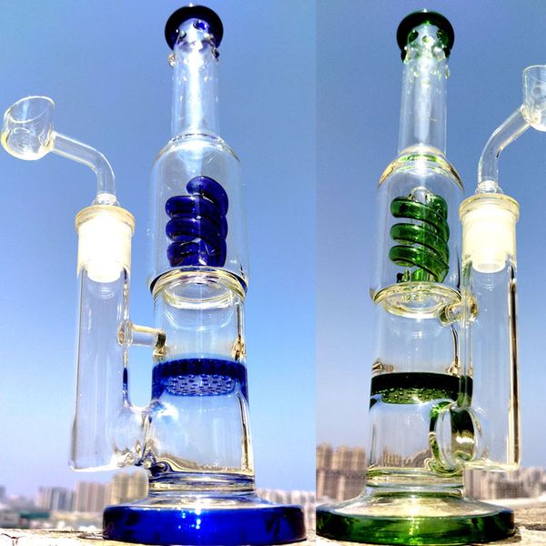 Percs en nid d'abeille droits One Helix Spiral Perc Bong Recycler Dab Rig Tube de Fumage Bong en Verre 14mm Joint Banger avec Porte-Glace Bongs d'Eau en Verre