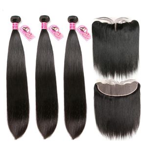 Paquets de cheveux humains droits avec cheveux brésiliens Remy frontaux 3 paquets avec fermeture d'oreille à oreille 13x4 830quot rapport moyen pour Wom3395864