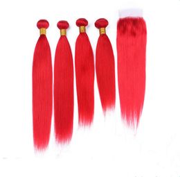 Bundles de cheveux humains vierges indiens droits offres 4 pièces avec fermeture en dentelle 4x4 5 pièces Lot tissages de cheveux de couleur rouge avec partie Closu8527305
