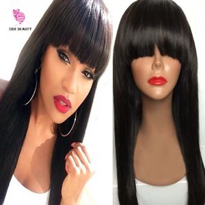 Peluca delantera de encaje recto Cabello virgen peruano Flecos completos Cabellos humanos Sin cola Fulls Cordones Pelucas con flequillo Nudos blanqueados para mujeres negras 13x6 transparente 360 frontal