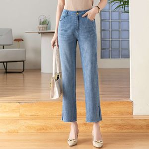 Rechte poot jeans voor vrouwen met een 9-inch losse fit 2023 zomer slanke hoge taille rookpijp grote blauwe kleur hoge 9-inch broek trend