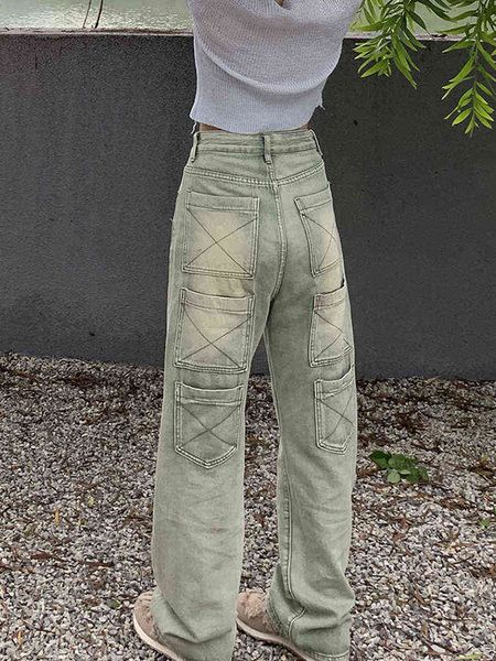 Droite Lâche Femmes Jeans Mode Streetwear Y2k Sacs Occasionnels Lavé Denim Pantalon Coréen Rétro Harajuku Hip Hop Jean Pantalon L220726