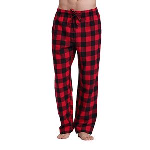 Pijama de tela escocesa con cintura elástica suelta informal a cuadros para hombre, pantalones planos de peso medio, pantalones de mezcla de algodón elástico