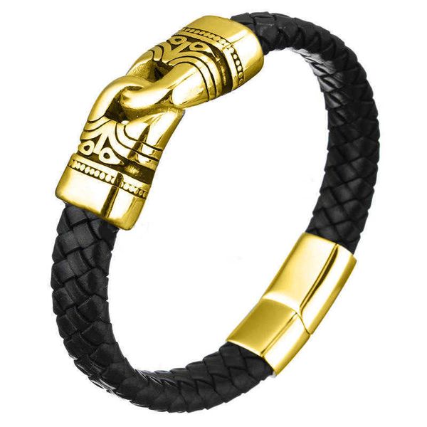 Pulsera recta de acero titanio para hombre Pulsera de cuerda de cuero tejida negra