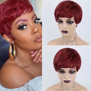 Perruque de cheveux 100% naturels brésiliens Remy, coupe Pixie lisse, avec frange, couleur bordeaux, sans colle, entièrement faite à la Machine, pour femmes