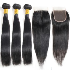 Paquetes de cabello humano indio virgen sin procesar recto con cierre 100% Paquetes de cabello lacio indio sin procesar con cierre de encaje 4x4