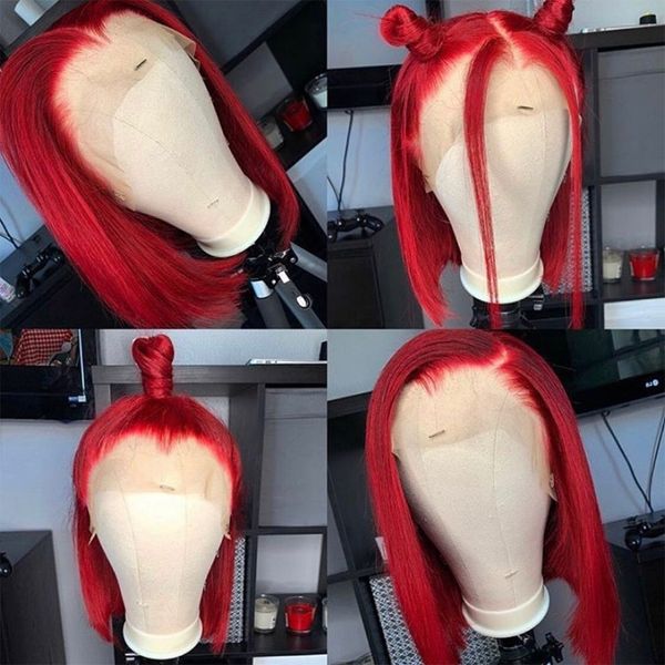 Peluca de cabello humano con frente de encaje Bob rojo recto 150% de densidad sin cola de color Remy prearrancado peluca sintética de Bob corto