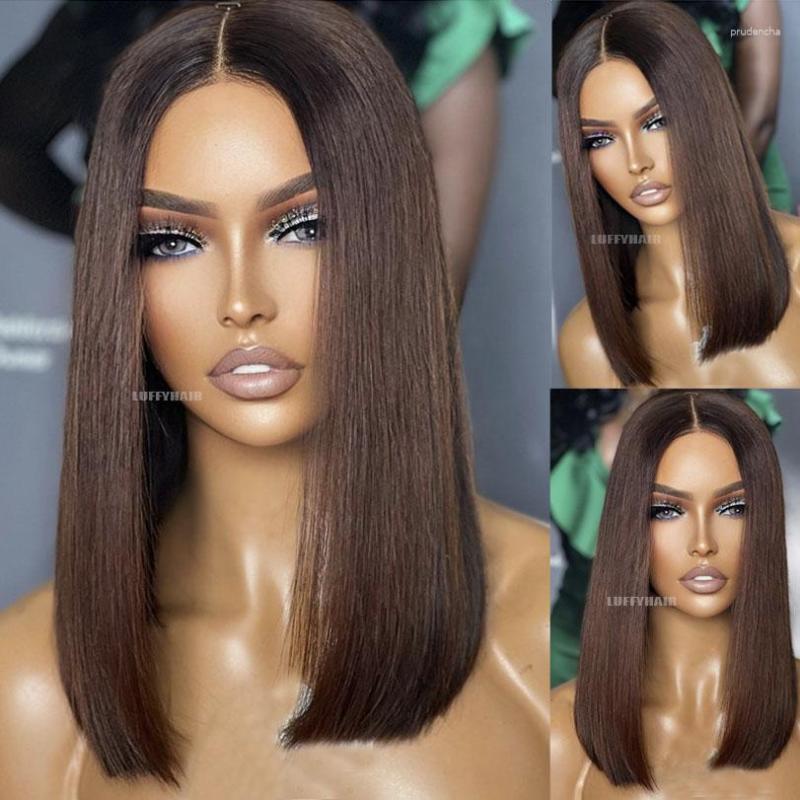 Bob short wig marrom escuro 5x5 Base de seda Human Wigs Fechamento brasileiro para mulheres 150%